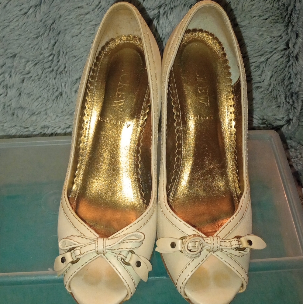 J Crew Fulham Leather Elegant Cream Peep-Toe Heels